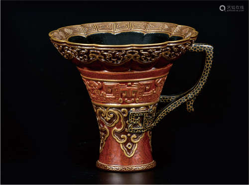 古铜釉雕龙爵杯