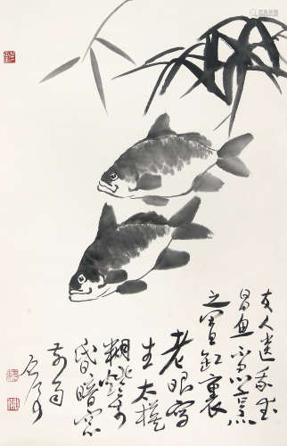魏启后 （1920-2009） 游鱼图 水墨纸本立轴