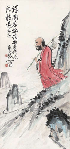 王震 （1867-1938） 持仗云游 设色纸本立轴