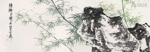 谢稚柳 （1910-1997） 竹石图 设色纸本镜片