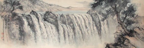 黄君璧 （1898-1991） 奔泉出谷1972年作 设色纸本镜框