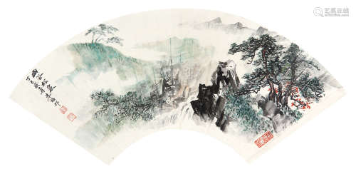 朱梅邨 （1911-1993） 幽谷松泉1977年作 设色纸本扇片