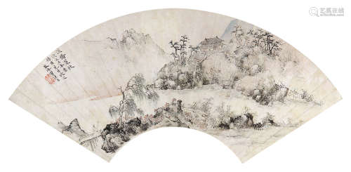 翟继昌 （1770-1820） 溪桥策杖 设色纸本扇片