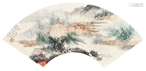 朱梅邨 （1911-1993） 载酒浮春涨1937年作 设色纸本扇片立轴