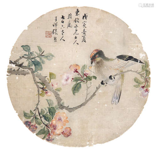 张熊 （1803-1886） 花鸟1878年作 设色绢本团扇镜框