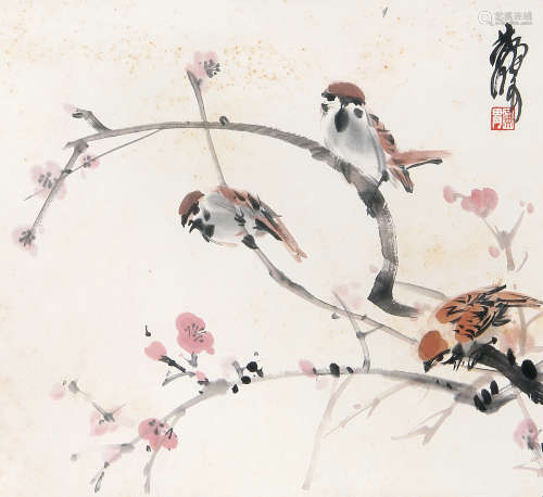 黄胄 （1925-1997） 梅雀图 设色纸本立轴