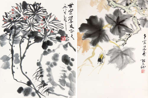刘文西、张大壮 （近现代） 花卉两开 设色纸本镜片