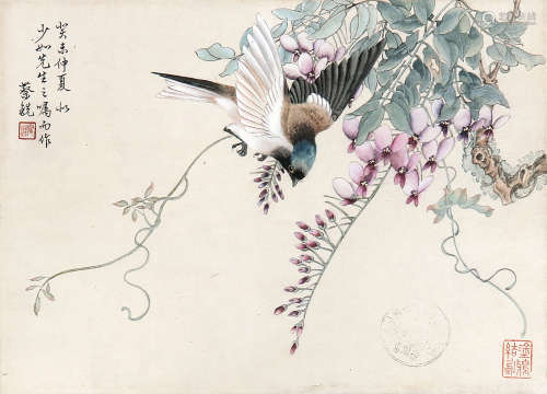 蔡铣 （1871-1946） 花鸟1943年作 设色纸本镜片