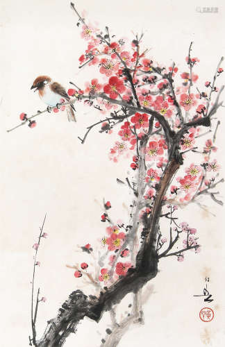 黄幻吾 （1906-1985） 梅雀图 设色纸本立轴