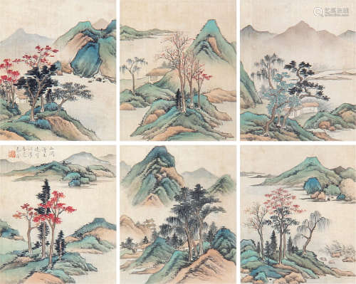秦淦 （1894-1984） 山水六帧 设色绢本镜片