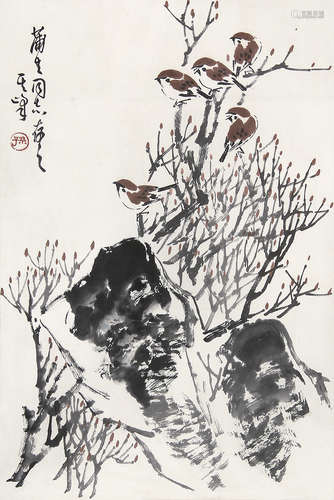 孙其峰 （b.1920） 雀立枝头 设色纸本镜片