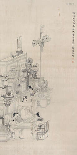 汪圻 （1776-1840） 对弈赏画图1838年作 水墨绢本立轴