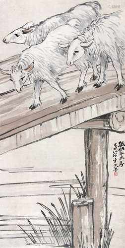 张聿光 （1885-1968） 三羊开泰 设色纸本立轴