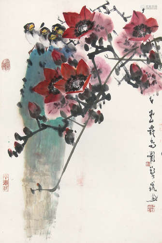 郑乃珖 （1911-2005） 花发鸟欢 设色纸本立轴