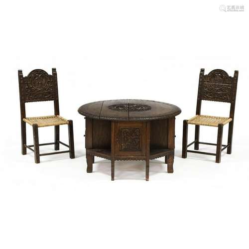 Jacobean Style Carved Oak Child's Table and Chairs