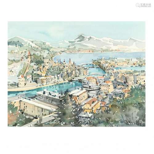 Continental School Watercolor of a Lakeside Town