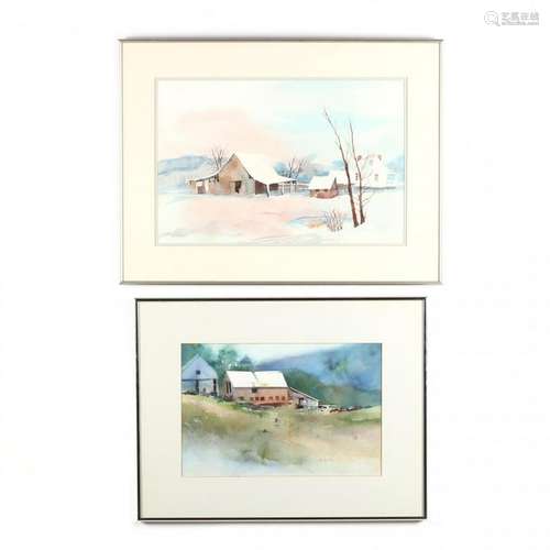 Two Contemporary Farm Landscape Watercolors by NC