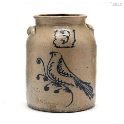 Stoneware 3 Gallon Crock with Cobalt Bird Decoration