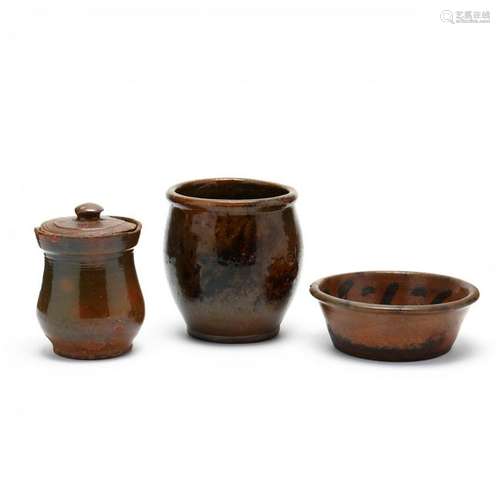 Three American Redware Pottery Vessels, 19th century