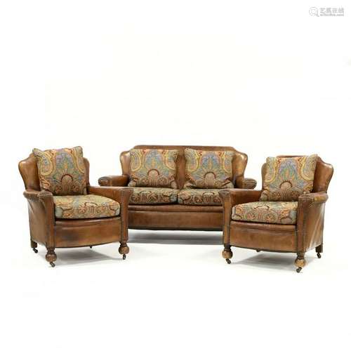 Art Deco Leather Upholstered Love Seat and Club Chairs