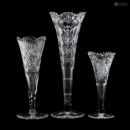 Three American Brilliant Period Cut Glass Trumpet Vases