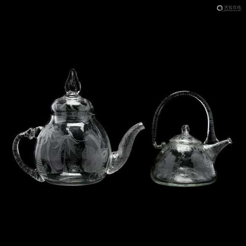 Two Etched Art Glass Teapots