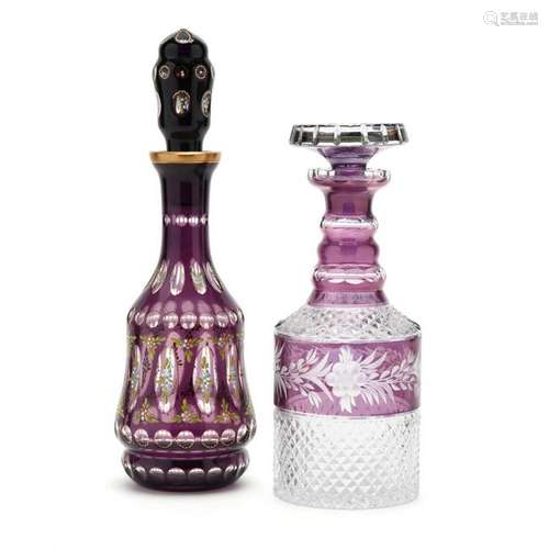 Two Amethyst Cut-to-Clear Decanters