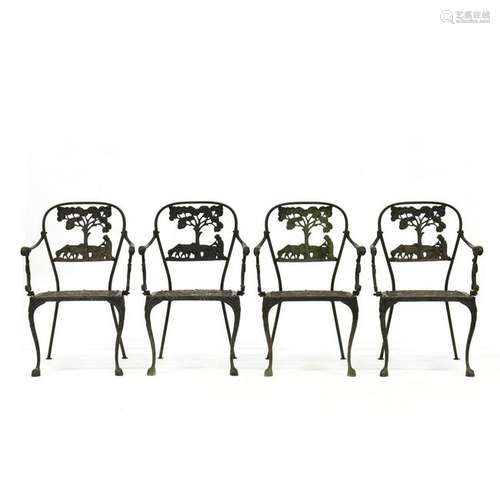 Set of Four Aluminum Pastoral Motif Garden Armchairs