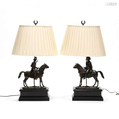 Pair of Fine Figural Bronze and Stone Lamps of Napoleon