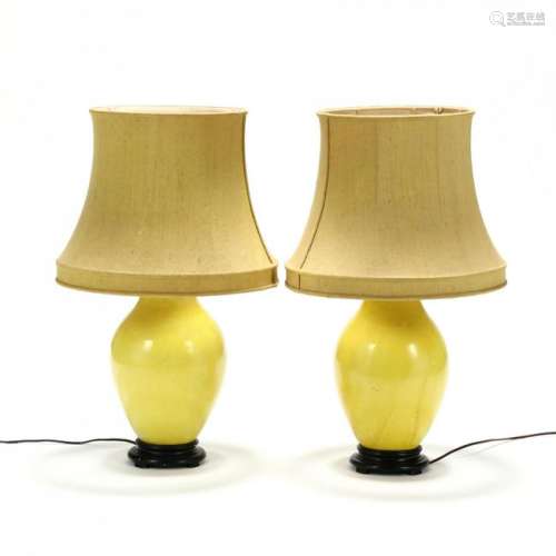 Pair of Vintage Yellow Glazed Pottery Lamps