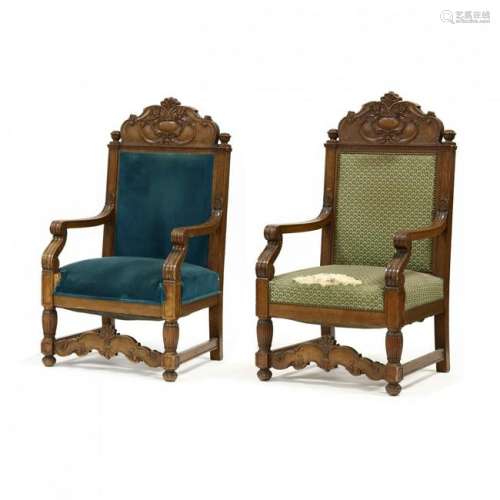 Pair of Antique Continental Carved Oak Armchairs