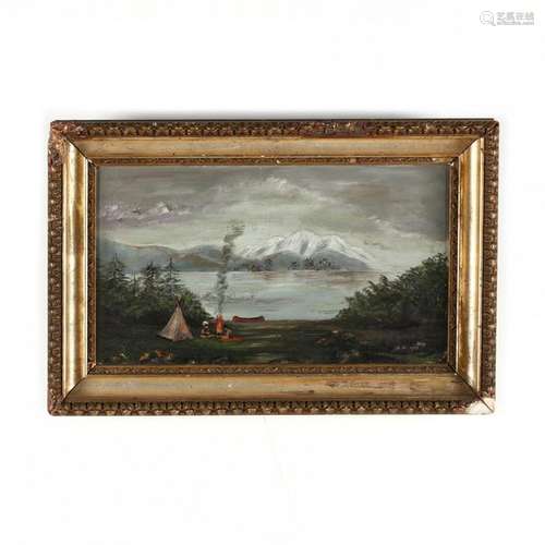 Antique Landscape Painting with American Indian