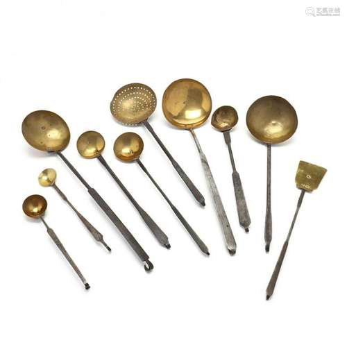 Ten Antique Brass & Wrought Iron Cooking Utensils