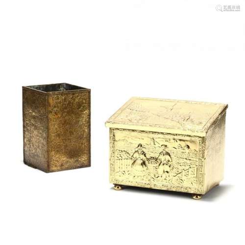 Two Vintage Dutch Brass Repousse Fireplace Boxes