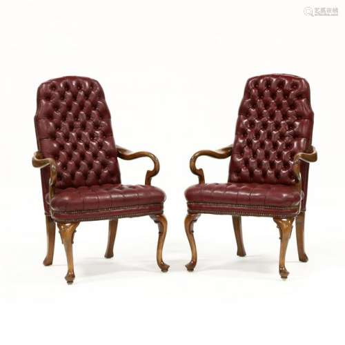 Pair of Queen Anne Style Tufted Leather Armchairs