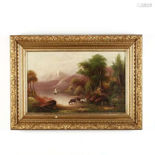 Antique Landscape Painting with Cows Drinking