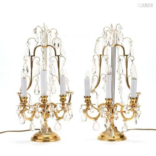 Pair of French Gilt Metal and Drop Prism Mantle Lamps