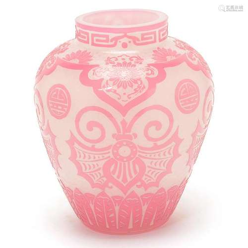 Steuben Rosaline Chinese Pattern Acid Etched Vase.