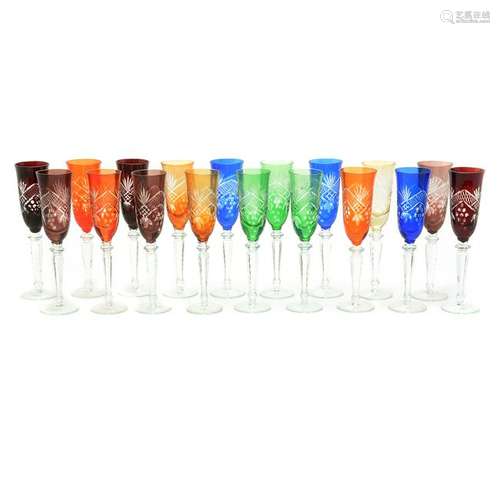 Set of Eighteen Colored and Cut Bohemian Style Goblets.