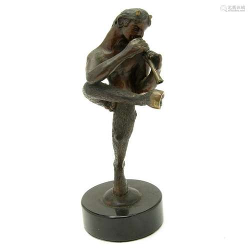 Modernist Bronze Satyr Playing a Recorder.