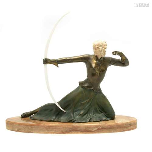 French Art Deco Bronze Huntress, Signed.