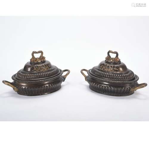 Pair of Pompeian Style Oval Fluted Bronze Pots with