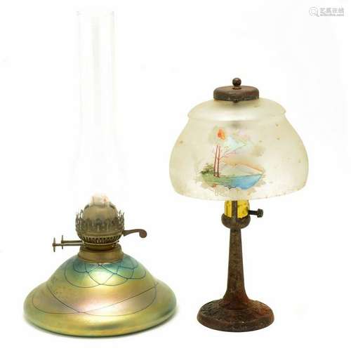 Iridescent Glass Base Oil Lamp and a Table Lmap with an