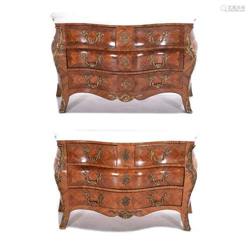 Louis XV Style Marquetry Bombe Commode Pair.