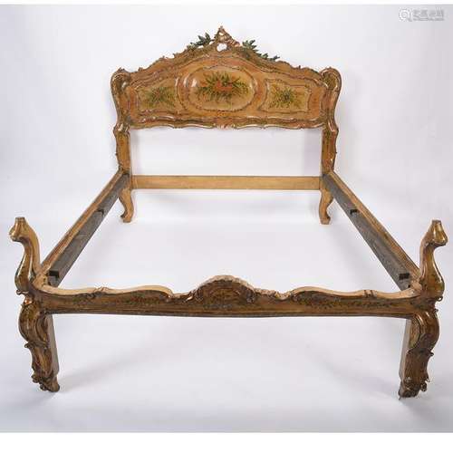 Venetian Style Carved and Painted Wood Bed.