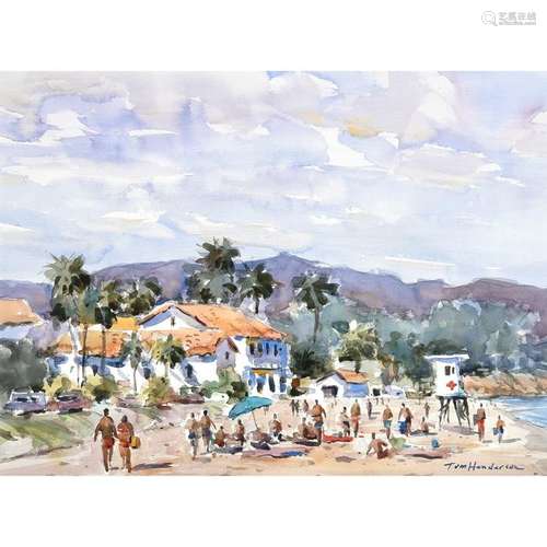 Framed Watercolor of People at the Beach, Signed Lower