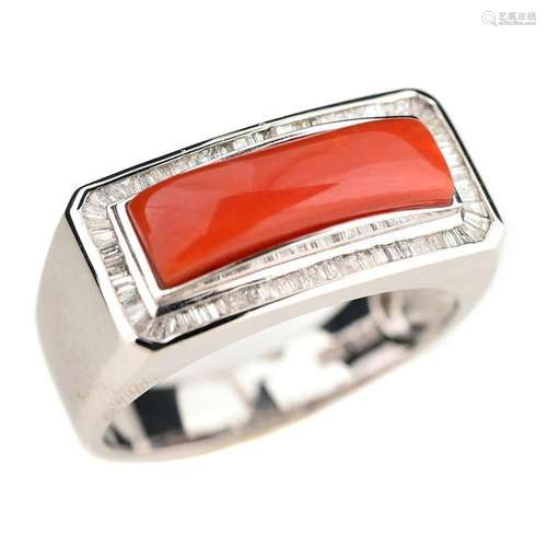 *Coral, Diamond, 14k White Gold Ring.