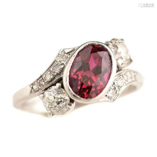 Synthetic Ruby, Diamond, Platinum Ring.