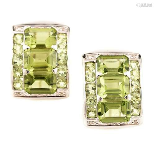 Pair of Peridot, Diamond, 14k White Gold Earrings.