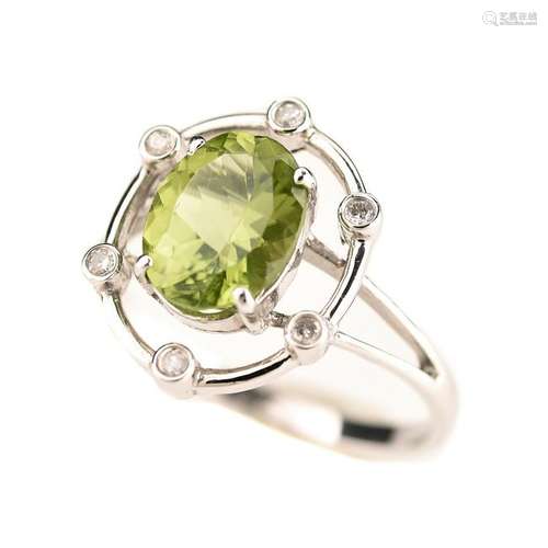 Peridot, Diamond, 14k White Gold Ring.